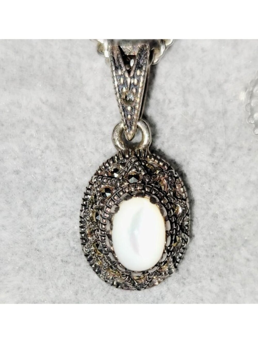 Vintage Sterling Silver Moonstone & Marcasite Pendant Necklace 19" Long - Picture 2 of 8